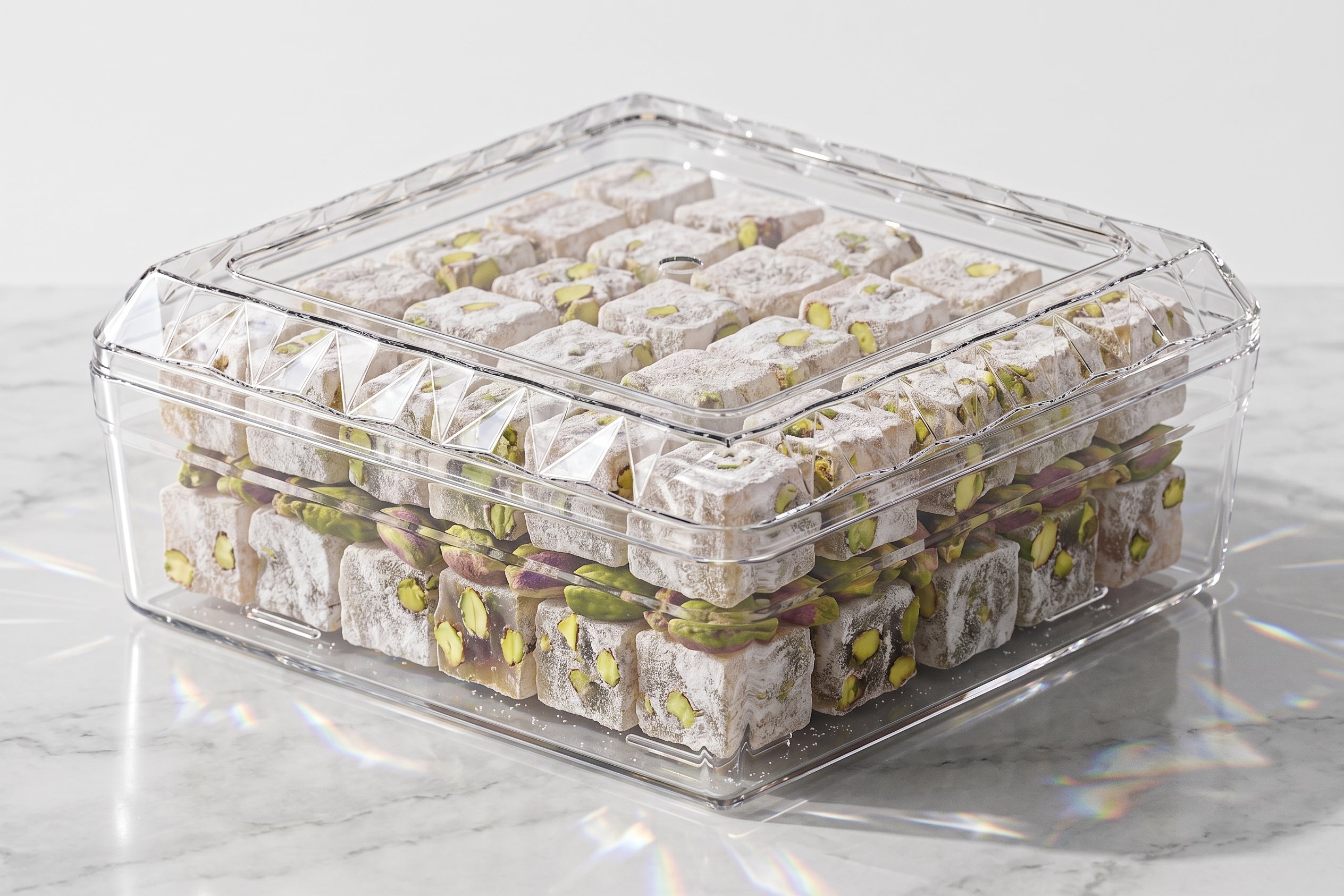 İmzapack Diamond 1/2 kg kristal dikdörtgen kutu. Görseldeki orijinal tasarımıyla kenarları ışığı yansıtan elmas kesim (fasetalı) desenli özel kapak, şeffaf gövde ve istiflenebilir taban yapısı. Baklava, lokum, kuru pasta, çikolata
