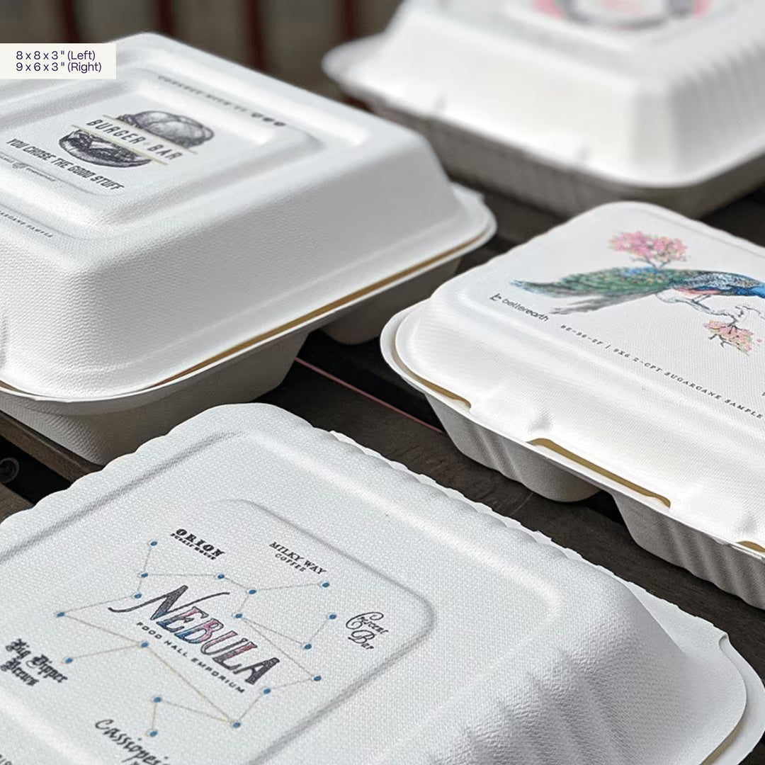 Baskılı Clamshell Paket Servis Kutusu | Şeker Kamışı (Bagasse), %100 Kompostlanabilir