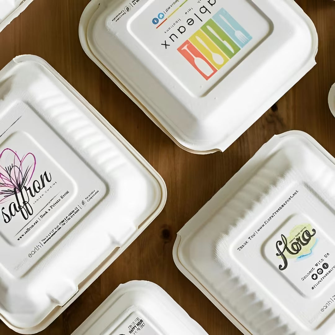 Baskılı Clamshell Paket Servis Kutusu | Şeker Kamışı (Bagasse), %100 Kompostlanabilir