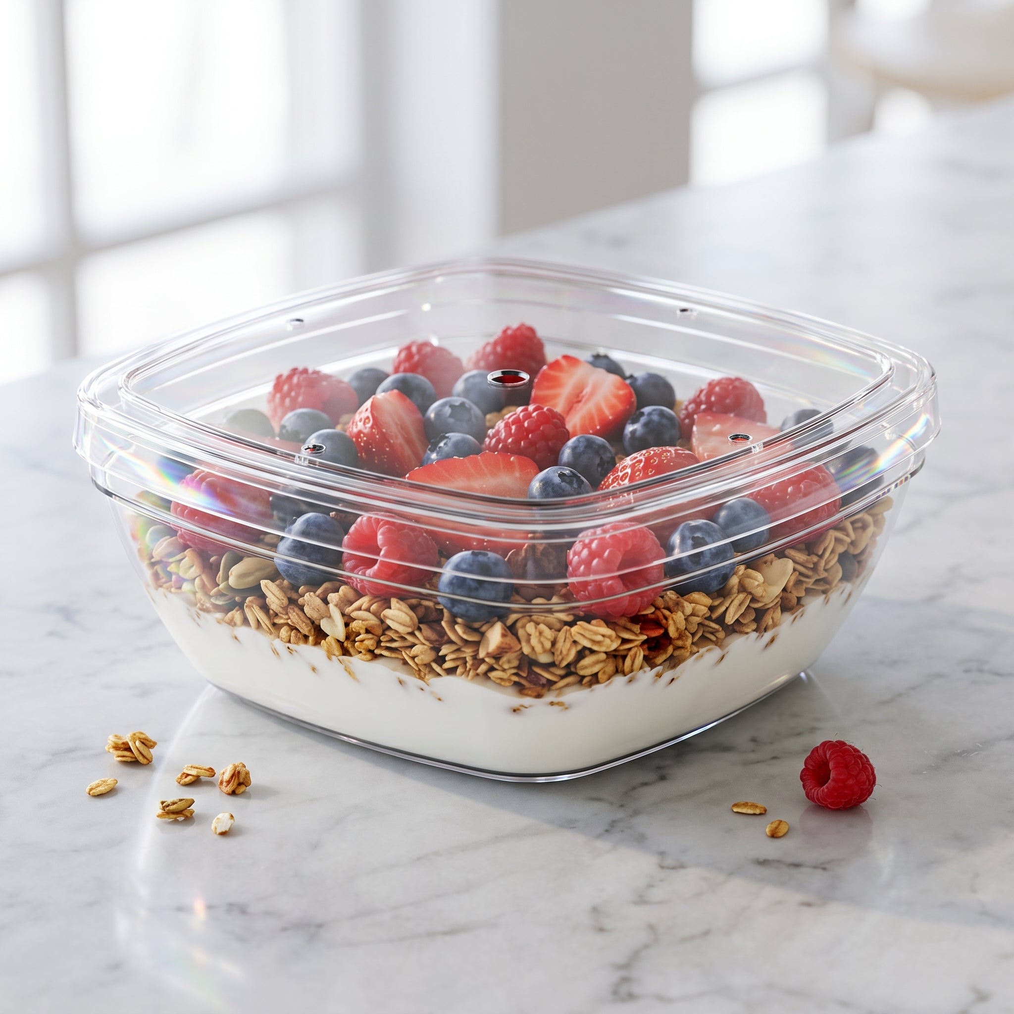 İmzapack geniş ağızlı kare kristal şeffaf kase. Salata, meze, granola ve porsiyonluk soğuk tatlıların lüks sunumu için tasarlanmış; cam şıklığında, kırılmaz sert plastik gövdeli ve sızdırmaz kapaklı premium ambalaj.