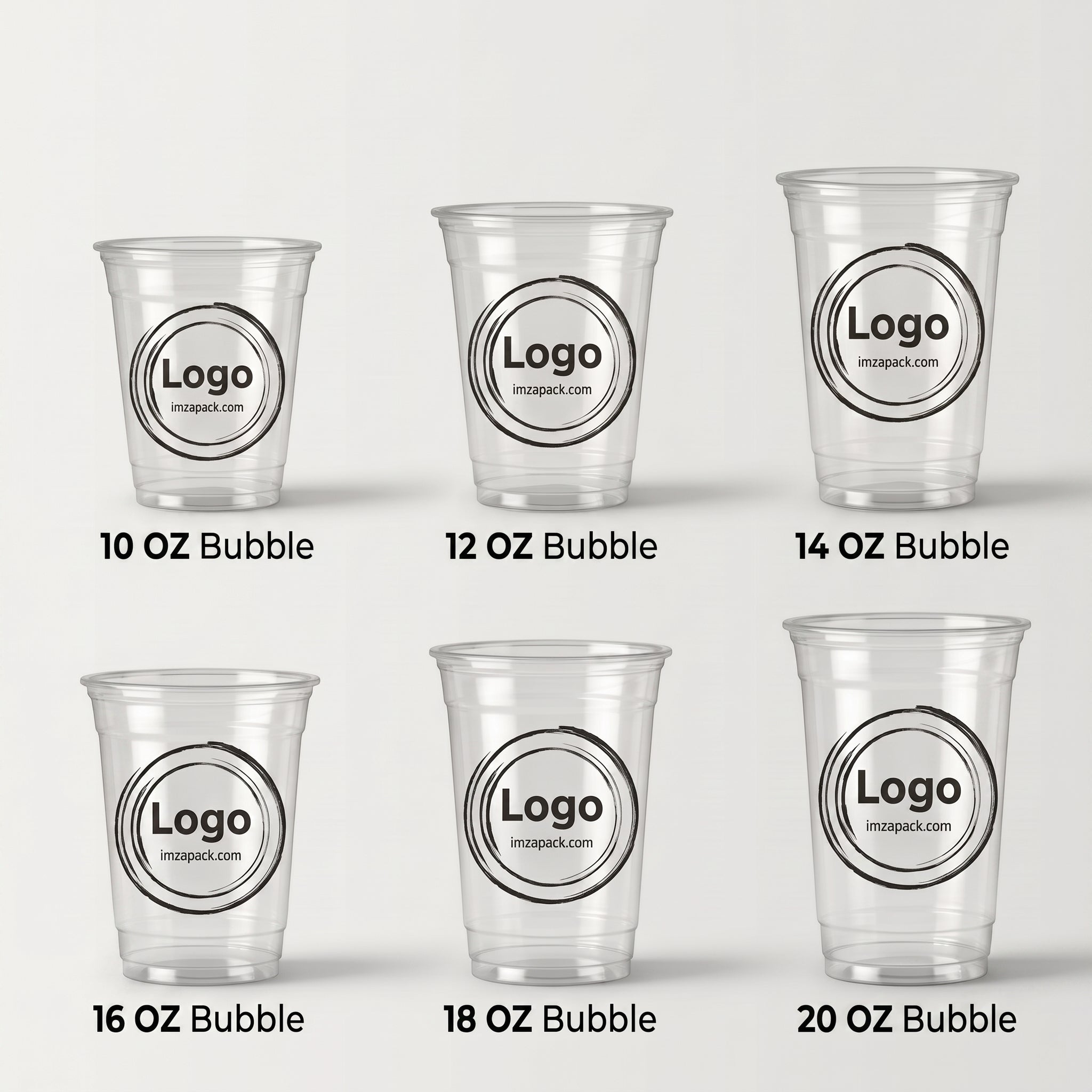 İmzapack markalı özel baskılı şeffaf PET bardakların 10 oz (300 ml), 12 oz (350 ml), 14 oz (400 ml), 16 oz (470 ml), 18 oz (550 ml) ve 20 oz (600 ml) hacimlerindeki 6 farklı boyut varyasyonunu küçükten büyüğe orantılı olarak gösteren e-ticaret karşılaştırma görseli.