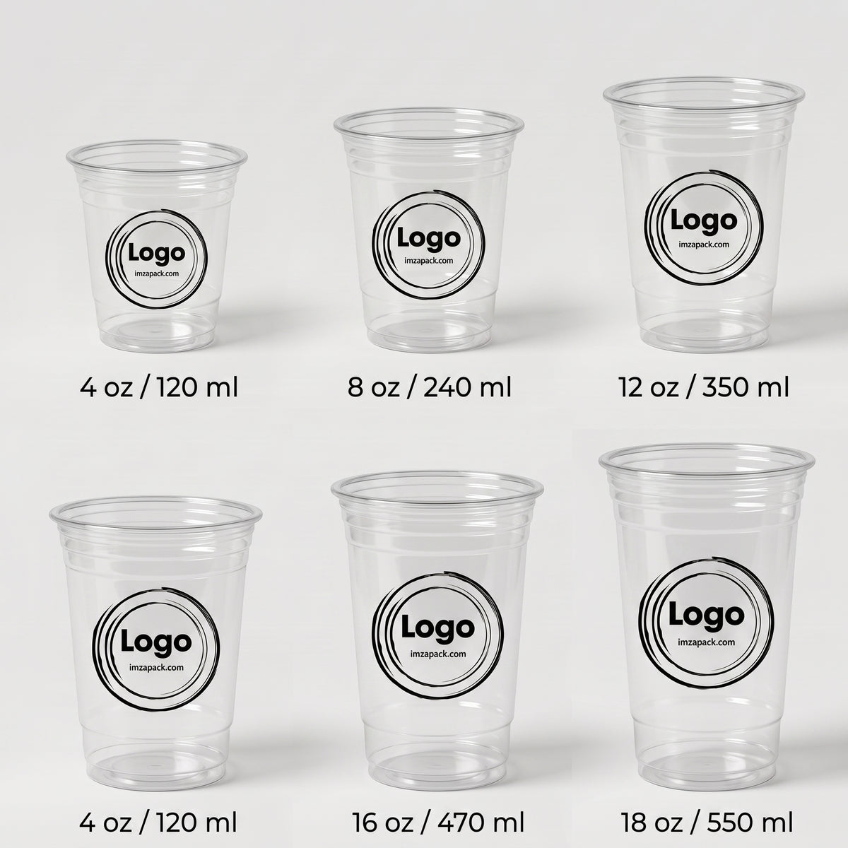 mzapack marka, şeffaf nervürlü PET bardakların 8 oz'dan 18 oz'a (250 ml'den 550 ml'ye) kadar farklı boyut varyasyonlarını gösteren karşılaştırmalı e-ticaret görseli.