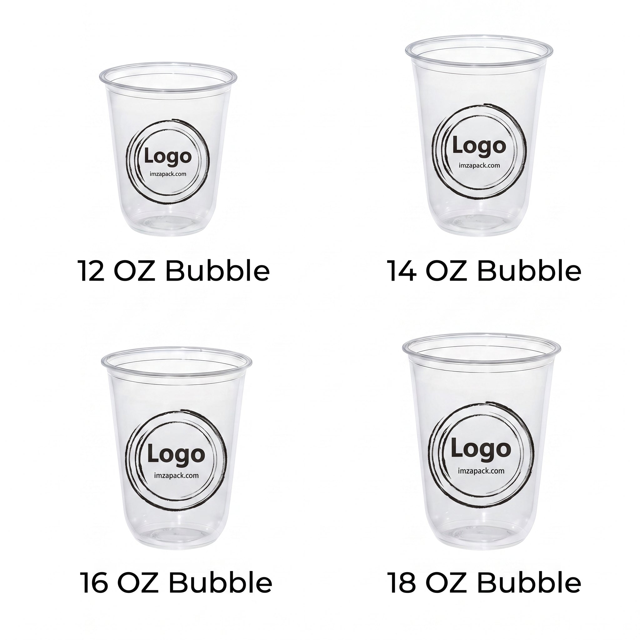 İmzapack marka, şeffaf U formlu PET bubble tea bardaklarının 12 oz'dan 18 oz'a kadar farklı boyut varyasyonlarını gösteren karşılaştırmalı e-ticaret görseli.