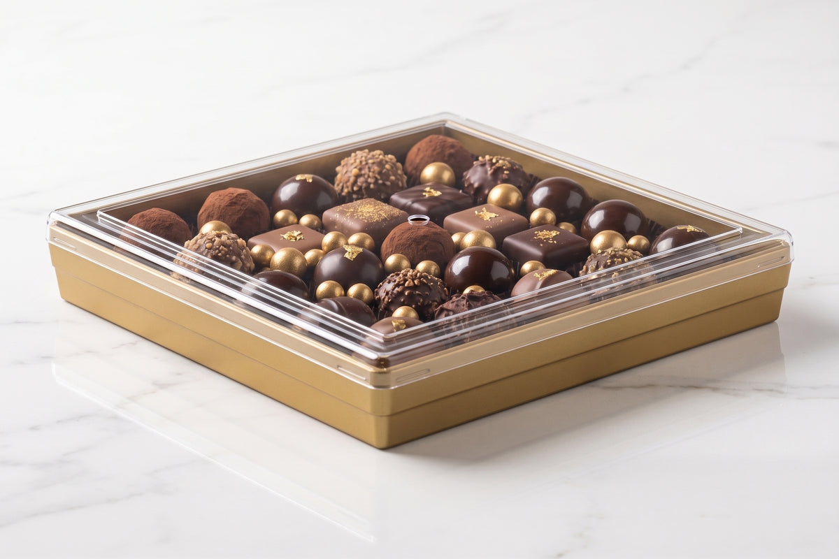 İmzapack Moderno Golden Kare 1150 cc altın renkli kase. Görseldeki orijinal tasarımıyla 206x206 mm ölçülerinde devasa geniş ve sığ (35 mm) kare formlu opak altın yaldızlı plastik gövde ve üzerinde özel kare çerçeve detayı bulunan 