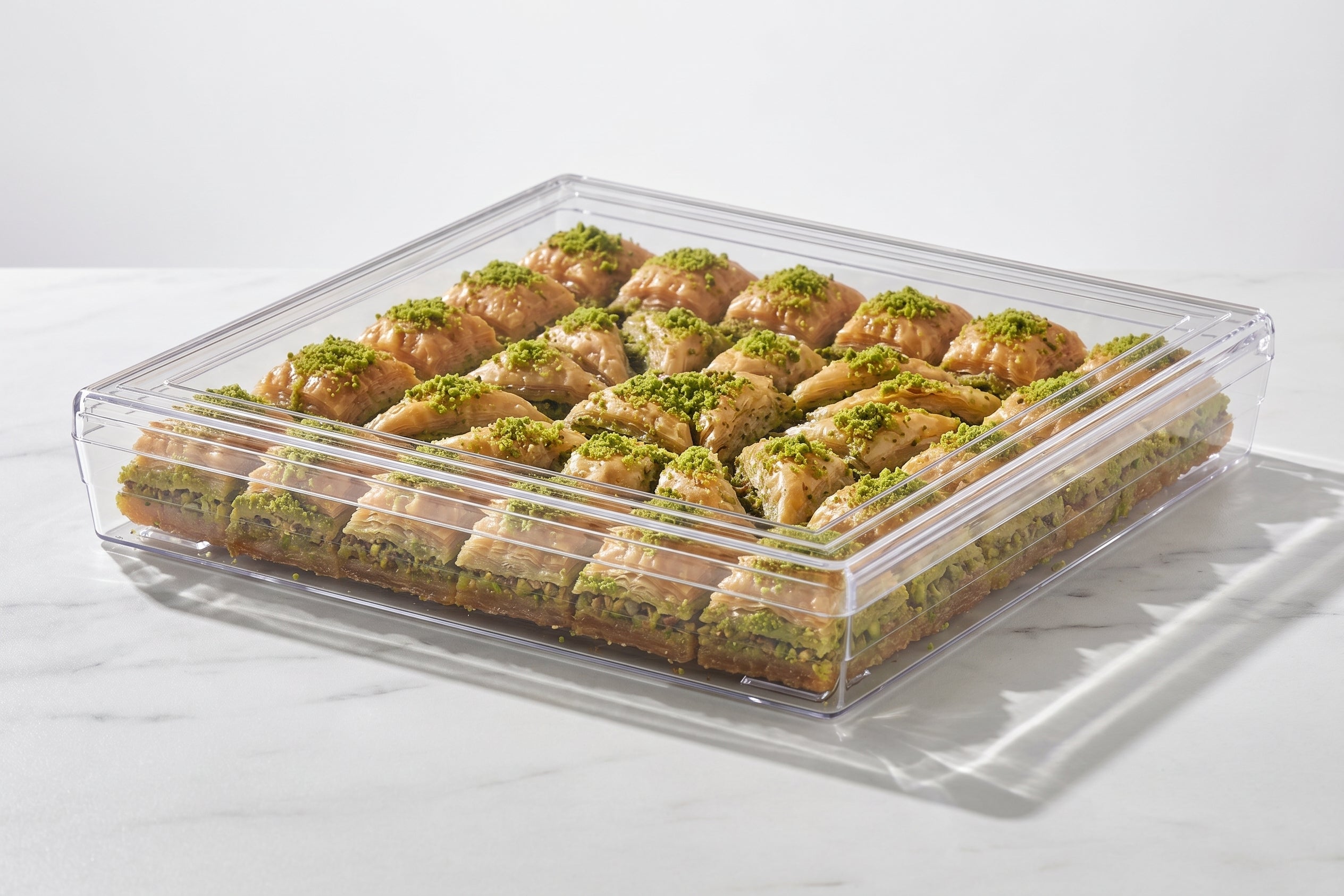İmzapack Moderno Square 1150 cc kristal şeffaf kase. Görseldeki orijinal tasarımıyla 206x206 mm ölçülerinde devasa geniş ve sığ (35 mm) kare formlu gövde ve üzerinde özel kare çerçeve detayı bulunan sızdırmaz düz şeffaf kapak. Kuru baklava, şöbiyet, lüks spesiy