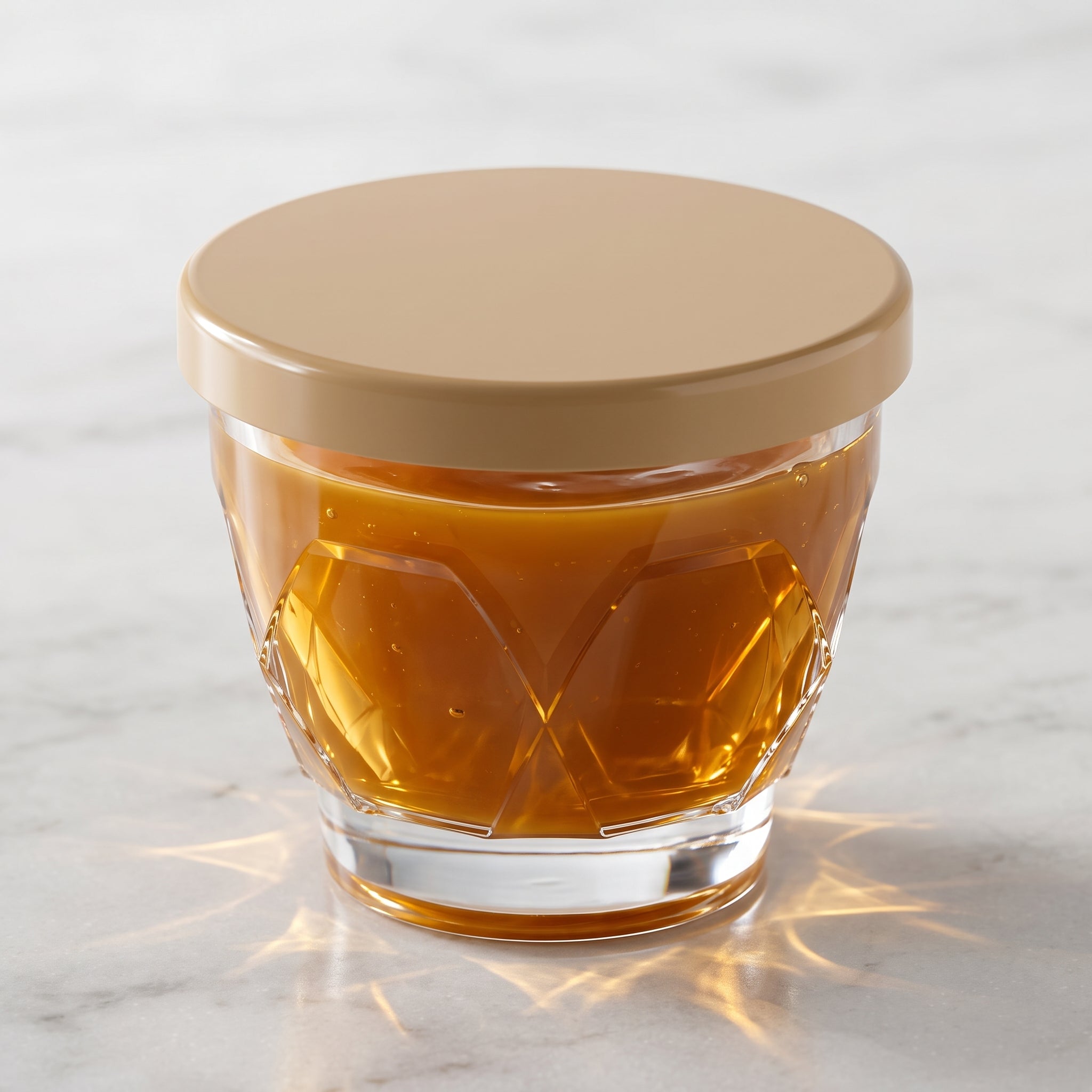 İmzapack 25 cc kristal mini sosluk. Görseldeki orijinal tasarımıyla ışığı yansıtan elmas kesim (fasetalı) geometrik desenli şeffaf gövde ve sızdırmaz opak bej renkli düz kapak. Catering, paket servis, karamel, bal, tahin ve özel sos sunumları için tasarlanmış sızdırmaz prem