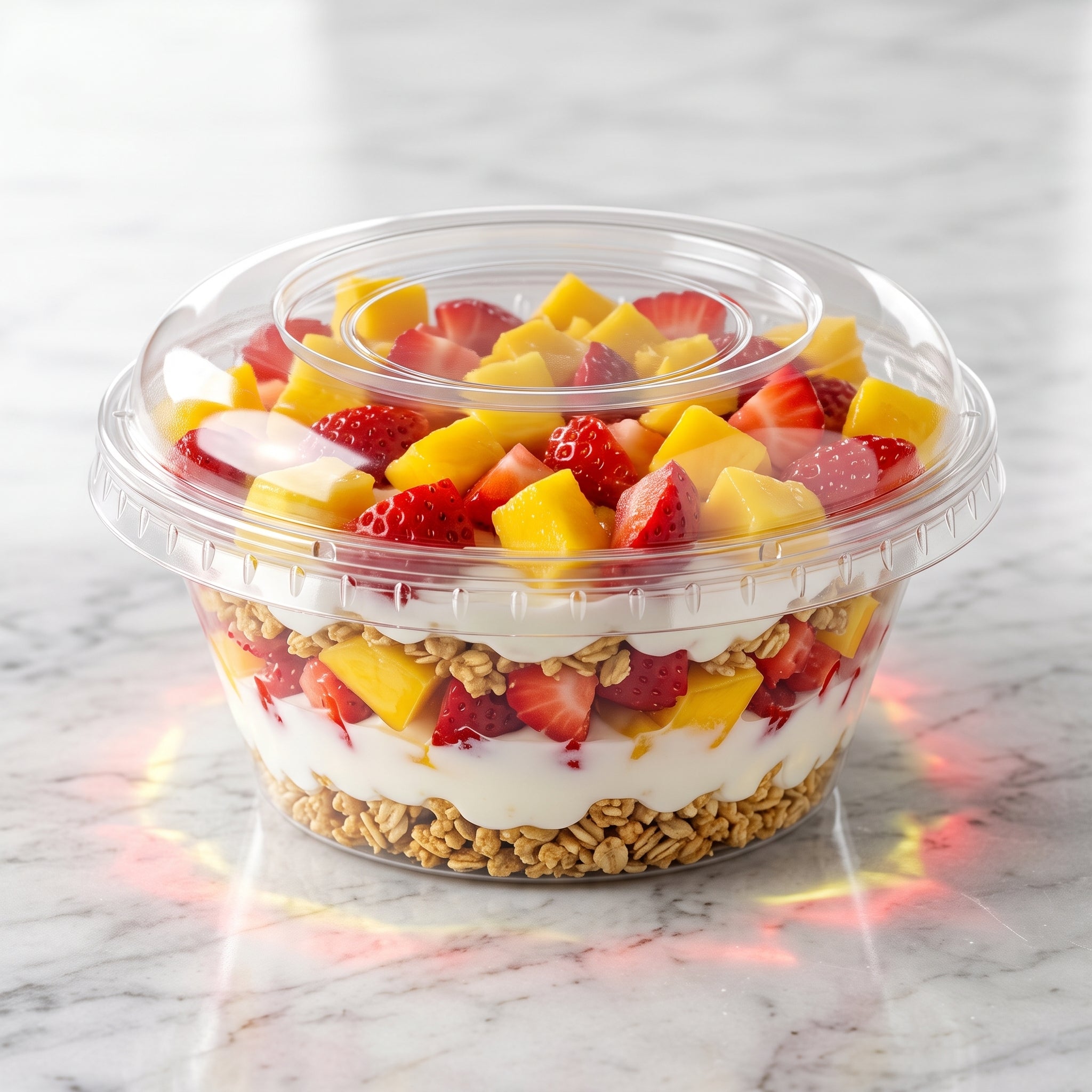İmzapack Yummy Cup kristal tatlı kasesi. Görseldeki orijinal tasarımıyla cam şıklığında kırılmaz şeffaf gövde ve güvenli kilit sistemine sahip yüksek bombe kapak. Meyveli parfe, kuplar ve soğuk pastane tatlılarının şık sunumu için premium sızdırmaz ambalaj.